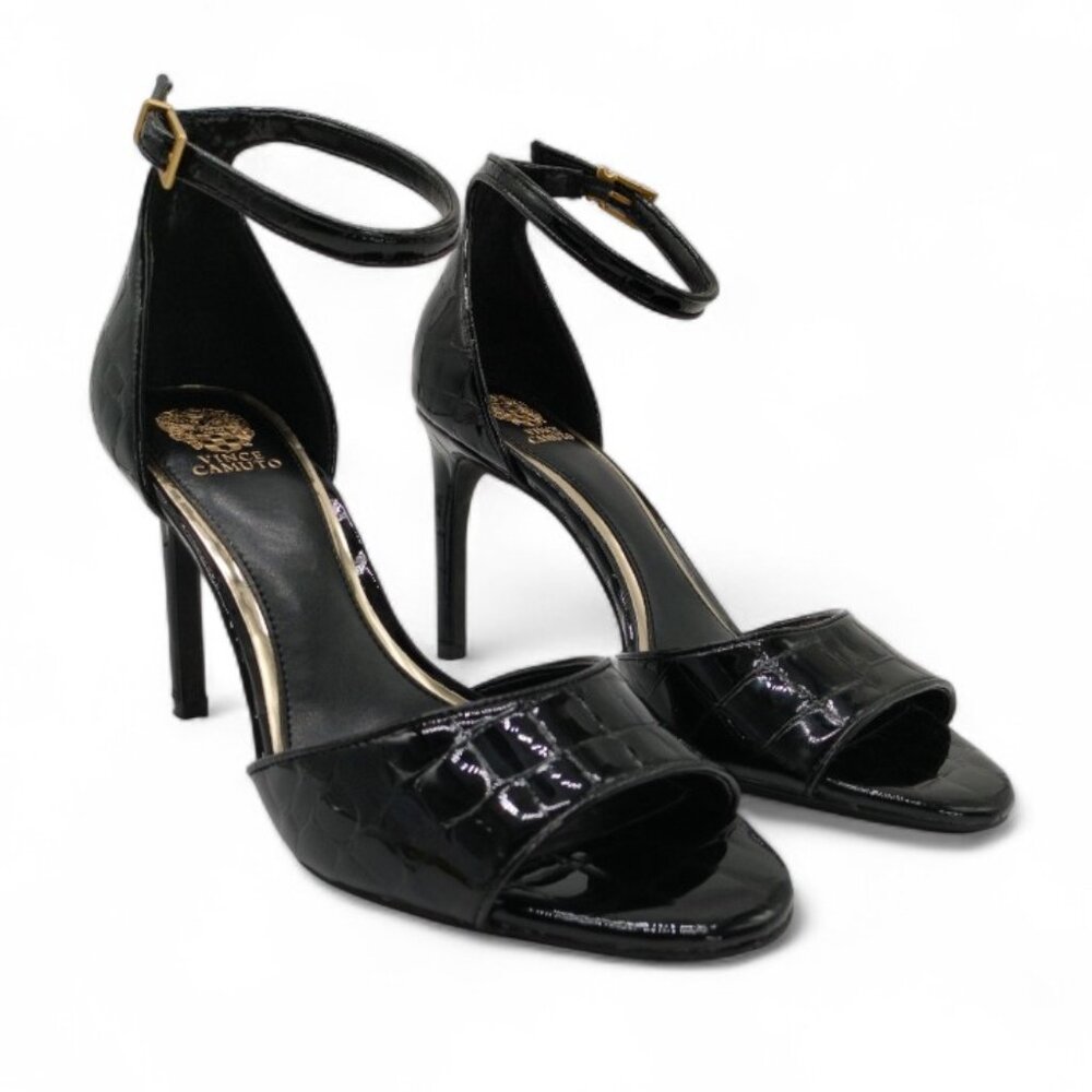 Vince Camuto Aliza Women's Size 9 Black Glossy Croco Stiletto Ankle Strap Sandal